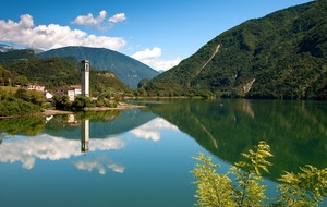 lago, campanile, riflesso, acqua, montagne, nuvole, torre, riflessi, cielo, monti