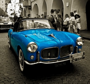 blu, auto, automobile, epoca, azzurro, gente, portici, fari, selettivo