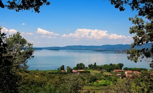 lago, panorama, acqua, alberi, nuvole, verde, cielo, case, azzurro