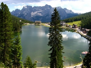 montagne, lago, alberi, montagna, acqua, verde, case, panorama