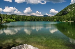 nuvole, lago, riflesso, alberi, acqua, cielo, riflessi, montagna, montagne, bosco