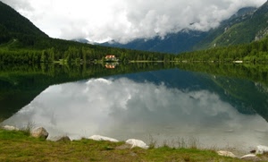 lago, nuvole, alberi, riflesso, acqua, verde, montagna, riflessi