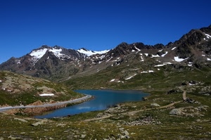lago, neve, montagne, montagna, strada, cielo, acqua, panorama, azzurro