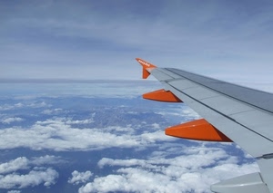 aereo, nuvole, ala, cielo, volo, arancione, azzurro, arancio