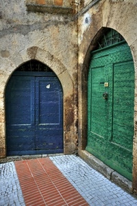 verde, blu, porte, due, archi, porta, batacchio