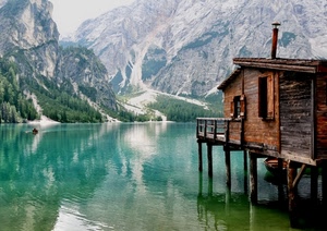lago, montagne, acqua, legno, montagna, casa, baita, barca, verde, riflessi, riflesso