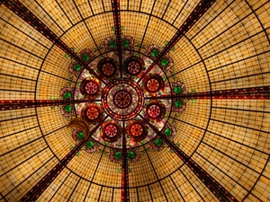 cerchi, rosso, verde, giallo, cupola, vetrata, colori, liberty, vetro, prospettiva, righe, soffitto, vetri, raggi, linee
