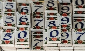 numeri, fiori, ceramica, cinque, cifre, zero, rose, fiore, blu, tavolette, bianco