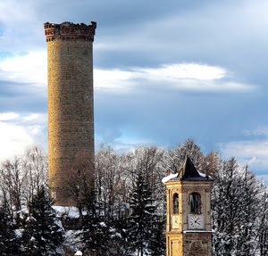 torre, campanile, neve, orologio, inverno, cielo, alberi, bosco