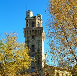 torre, alberi, foglie, giallo, cielo, autunno, finestre, rami