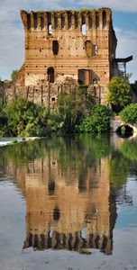 riflesso, torre, acqua, fiume, rovine, castello, rudere, ponte, finestre, riflessi, piante, alberi