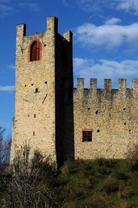 torre, finestre, nuvole, cielo, merli, castello, erba, azzurro, piante, arbusti