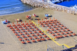 spiaggia, mare, ombrelloni, sabbia, sdraio, molo, lettini, arancio, estate
