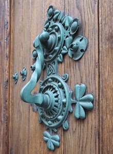 legno, ferro, porta, batacchio, maniglia, verde, portone