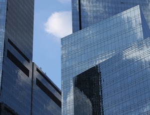 grattacieli, cielo, finestre, vetro, riflessi, vetri, vetrate, azzurro, geometrico, riflesso