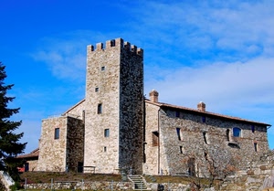 cielo, finestre, torre, nuvole, comignoli, castello, albero, scala, merli, casa, tetto, pino, mura, gradini