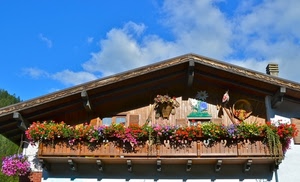 balcone, fiori, nuvole, casa, cielo, legno, montagna