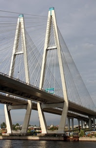 ponte, fiume, acqua, cavi, piloni, tiranti, bianco, fili, arcate, cielo, due