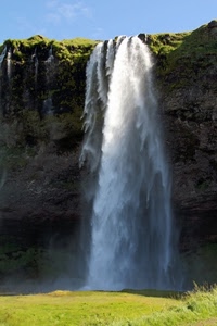 acqua, cascata, prato, roccia, verde, spruzzi, salto, schiuma