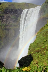 cascata, acqua, arcobaleno, verde, montagna, rocce, prato, natura, roccia, due, bianco