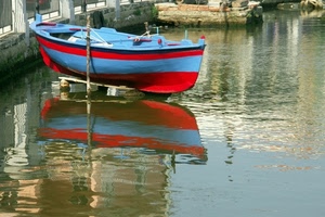 barca, rosso, riflesso, acqua, azzurro, mare, riflessi