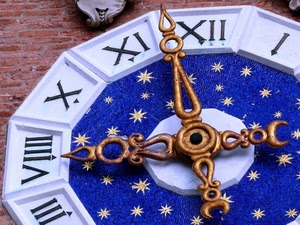 orologio, lancette, numeri, stelle, blu, romani, oro, muro, ore, mattoni, dorato, bianco