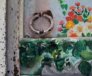 fiori, porta, batacchio, foglie, verde, pittura, ruggine, anello, rosso, ferro