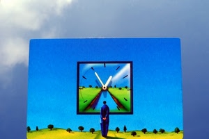 orologio, lancette, alberi, uomo, cielo, paesaggio, azzurro