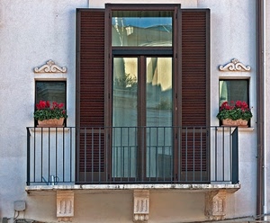 fiori, balcone, persiane, ringhiera, finestra, riflesso, vetri, finestre, vetro, vasi