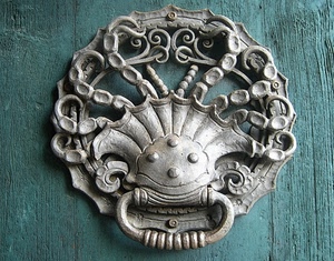 porta, batacchio, legno, ferro, verde, metallo, battente, decorazioni, maniglia, battiporta