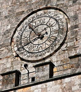 lancette, orologio, numeri, cerchio, parete, ore, mattoni, pietre, ombra, ringhiera, romani, muro, pietra