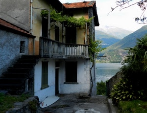lago, montagne, casa, balcone, finestre, piante, scala, scorcio, montagna