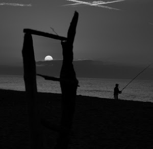 pescatore, mare, sole, bianconero, luna, canna, tramonto, spiaggia, nuvole, controluce