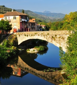 ponte, fiume, riflesso, alberi, acqua, casa, azzurro, riflessi, case, verde, arco