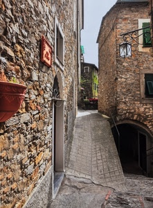 vicolo, lampione, arco, finestre, porte, paese, stradina, palazzi, vaso