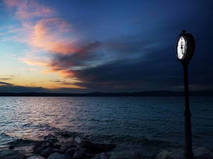 mare, tramonto, cielo, orologio, nuvole, scogli, acqua, onde, panorama, arancione, terra, azzurro