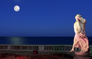 mare, luna, statua, acqua, blu, terrazza, notturno