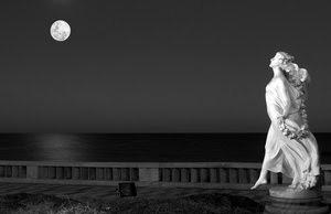 luna, mare, statua, notte, bianconero, balaustra, acqua, riflesso, donna, profilo, ringhiera, cielo, notturno, bianco