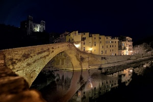 ponte, fiume, riflessi, acqua, notturno, riflesso, notte, paese, luci, castello, case