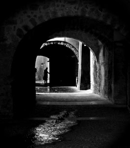 bianconero, arco, persona, vicolo, archi, portico, luce, riflesso, passante, portici, pozzanghera, buio