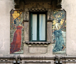 liberty, finestra, donne, piastrelle, facciata, palazzo, mosaico
