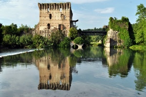 fiume, riflesso, acqua, ponte, torre, alberi, mincio, castello, verde