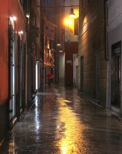 pioggia, ombrello, vicolo, lampione, lampioni, strada, bagnato, case, riflesso, notturno