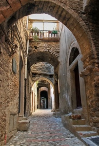 vicolo, gradini, archi, arco, vasi, porte, balcone, gatto, porta, scorcio, piante, finestre, pietre, strada, sassi, pietra