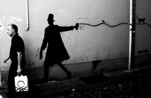 murales, passante, gatto, nero, bianconero, uomo, borsa, muro, cappello, murale, disegno, bianco