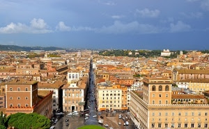 città, panorama, palazzi, strada, cielo, nuvole, piazza, roma, via, case