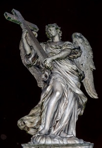 angelo, croce, statua, ali, marmo, notte, grigio, scultura