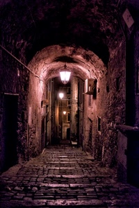 vicolo, lampioni, arco, notte, luci, selciato, strada, notturno