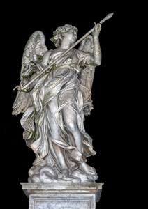 angelo, statua, ali, lancia, marmo, piedistallo, nero, bianconero, monumento