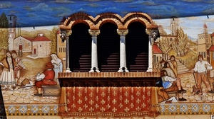 archi, murales, balcone, trifora, finestra, dipinto, colonne, finestre, mattoni, tappeto